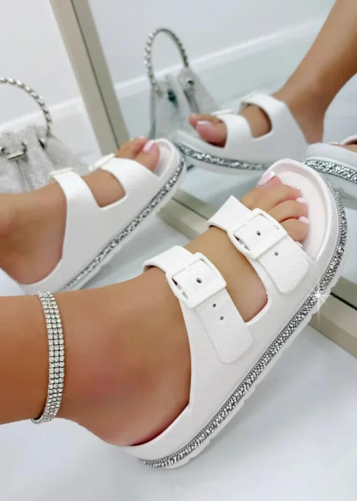 Love Lemonade White Crystal Trim Lightweight Double Strap Sliders