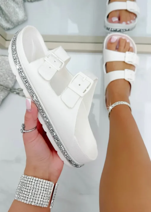 Love Lemonade White Crystal Trim Lightweight Double Strap Sliders