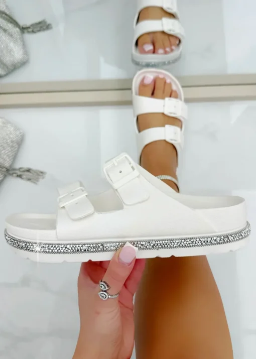 Love Lemonade White Crystal Trim Lightweight Double Strap Sliders