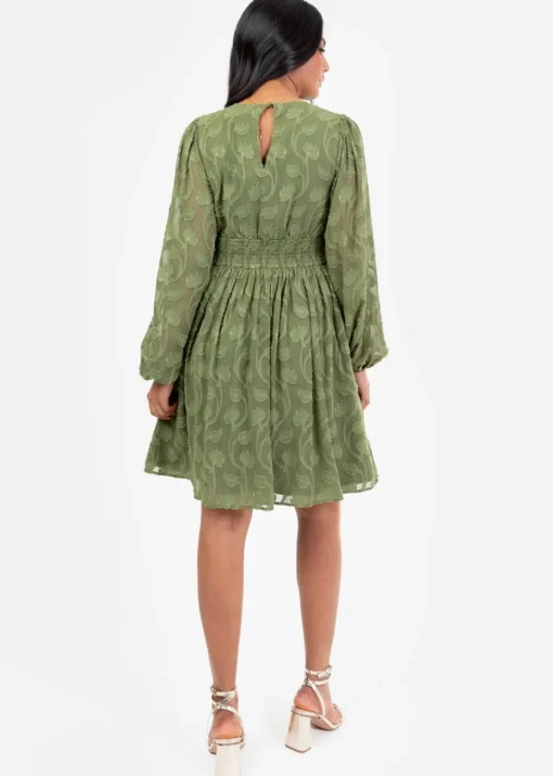 Lovedrobe Khaki Long Sleeve Floral Burn Out Mini Dress