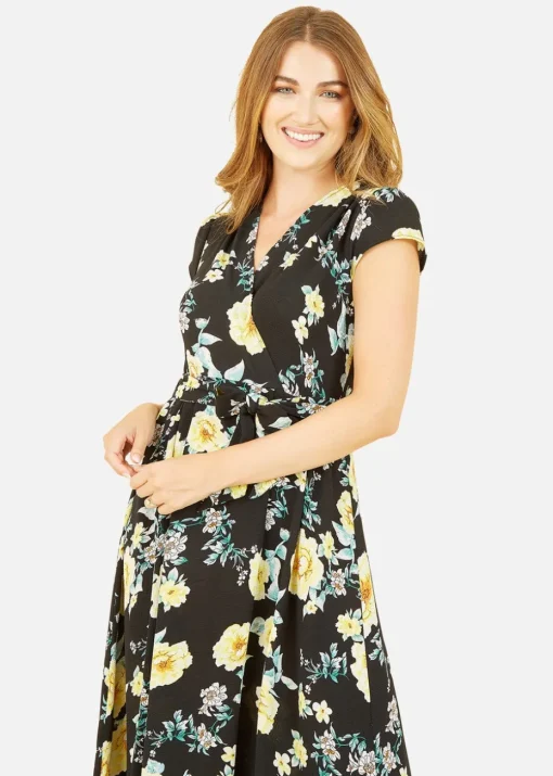 Mela Black Floral Print Dipped Hem Midi Wrap Dress