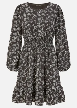 Mela Black Floral Print Ruched Waist Long Sleeve Skater Dress