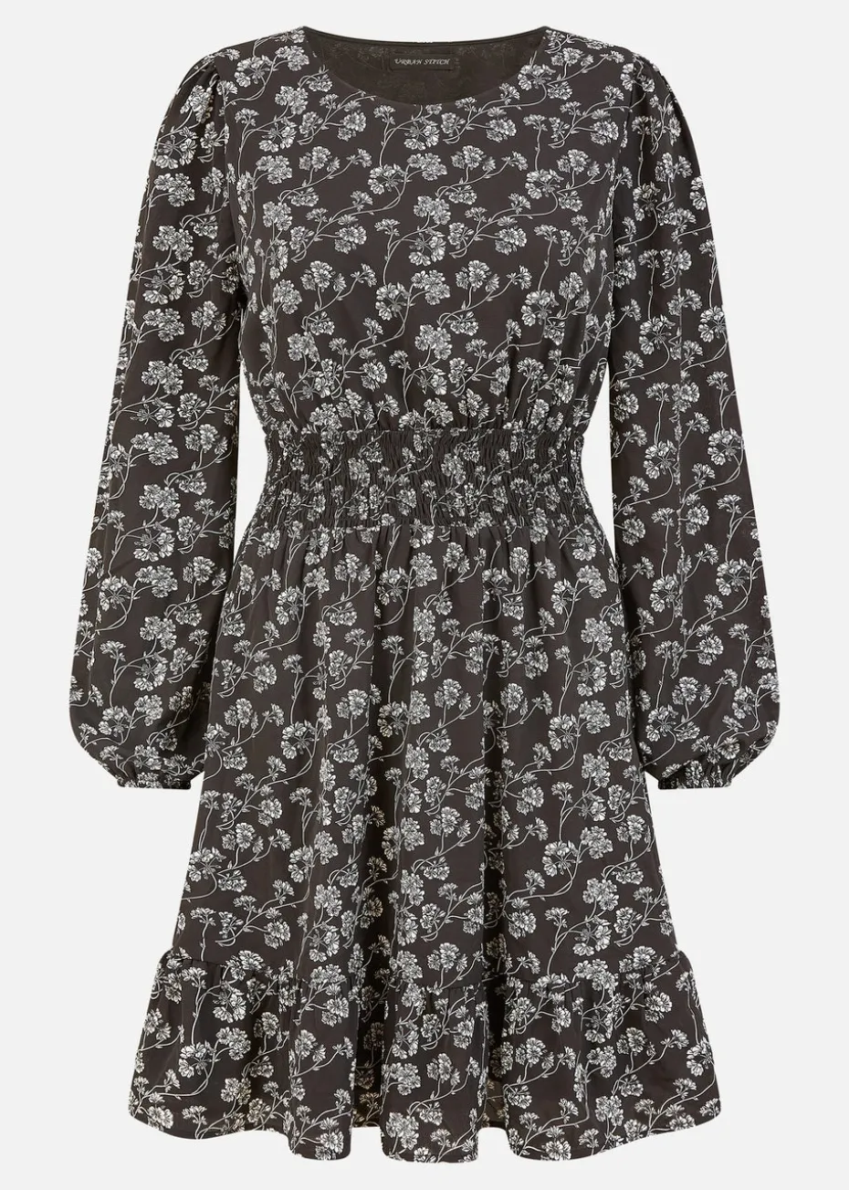 Mela Black Floral Print Ruched Waist Long Sleeve Skater Dress