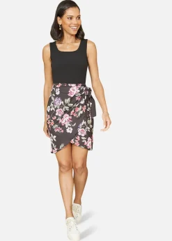 Mela Black Jersey Stretch Top and Woven Floral Skirt Wrap Dress