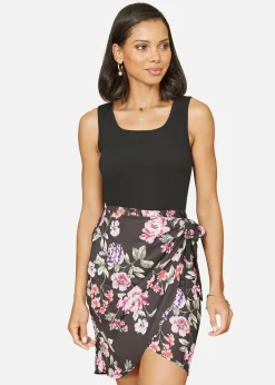 Mela Black Jersey Stretch Top and Woven Floral Skirt Wrap Dress