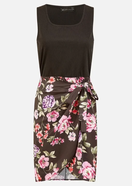 Mela Black Jersey Stretch Top and Woven Floral Skirt Wrap Dress