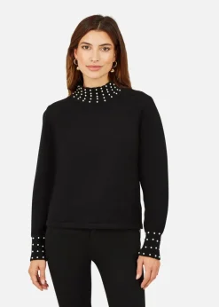 Mela Black Pearl Detail High Neck Jumper