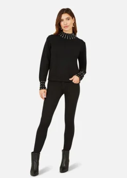 Mela Black Pearl Detail High Neck Jumper