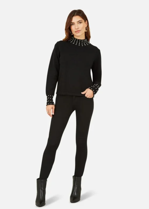 Mela Black Pearl Detail High Neck Jumper