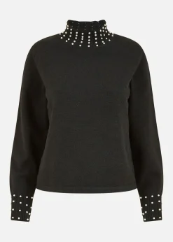 Mela Black Pearl Detail High Neck Jumper