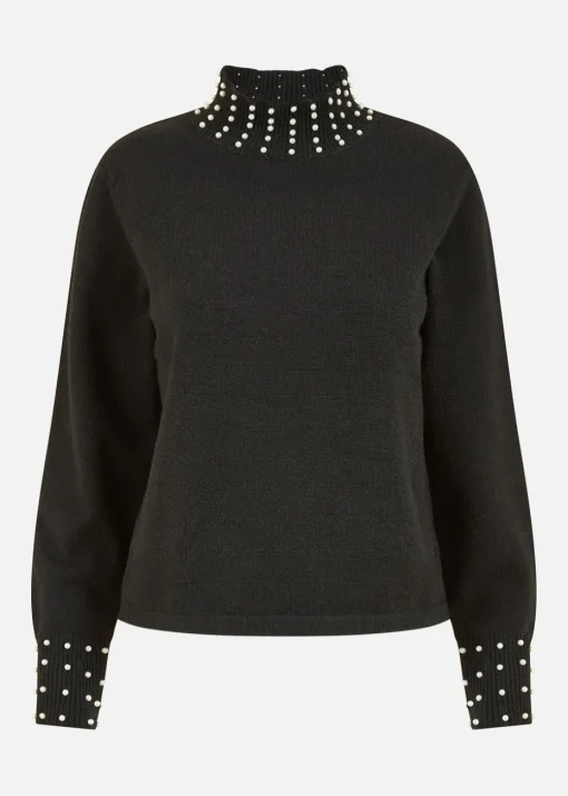 Mela Black Pearl Detail High Neck Jumper