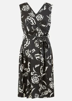 Mela Black Satin Floral Wrap Skater Midi Dress