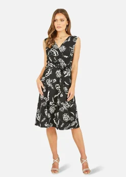 Mela Black Satin Floral Wrap Skater Midi Dress