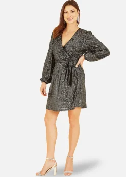 Mela Black Sequin Belted Wrap Long Sleeve Dress