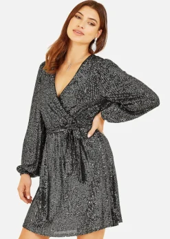 Mela Black Sequin Belted Wrap Long Sleeve Dress