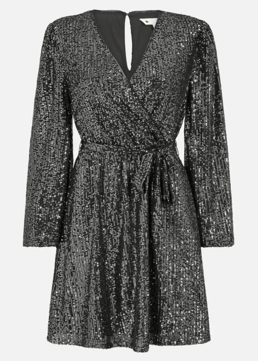 Mela Black Sequin Belted Wrap Long Sleeve Dress