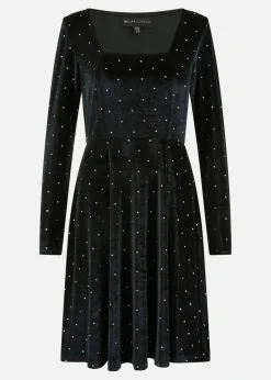 Mela Black Skater Dress With Diamantes and Long Sleeve