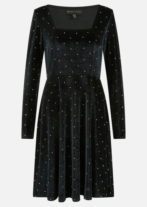 Mela Black Skater Dress With Diamantes and Long Sleeve