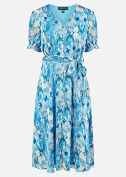 Mela Blue Abstract Print Dress With Pleats And Front Split