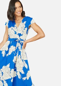 Mela Blue Blossom Print Wrap Midi With Dipped Hem