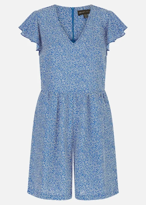 Mela Blue Ditsy Print V Neck Playsuit