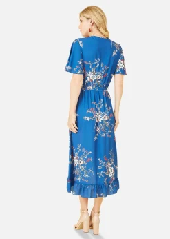 Mela Blue Floral Dip Hem Wrap Midi Dress
