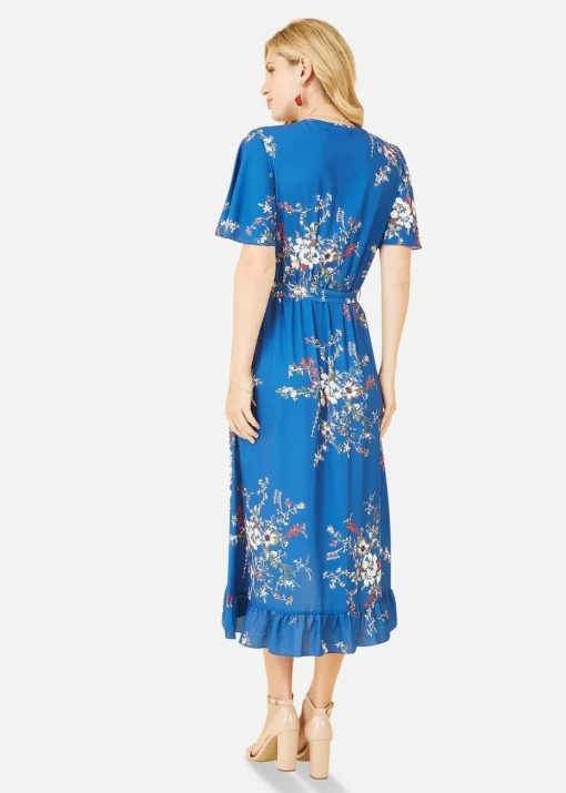 Mela Blue Floral Dip Hem Wrap Midi Dress