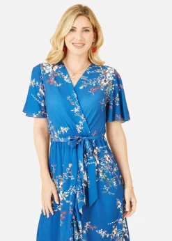 Mela Blue Floral Dip Hem Wrap Midi Dress