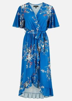 Mela Blue Floral Dip Hem Wrap Midi Dress