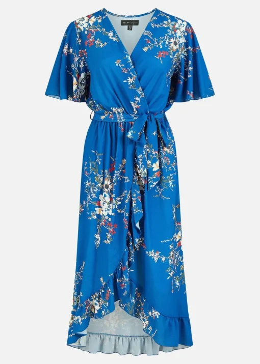 Mela Blue Floral Dip Hem Wrap Midi Dress