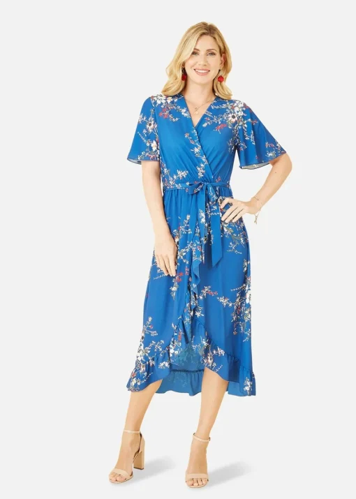 Mela Blue Floral Dip Hem Wrap Midi Dress