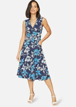 Mela Blue Floral Print Stretch Wrap Over Midi Dress With Pockets