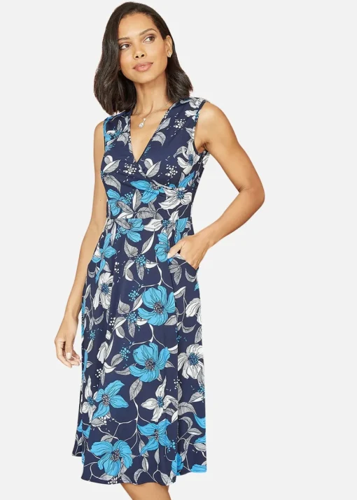Mela Blue Floral Print Stretch Wrap Over Midi Dress With Pockets