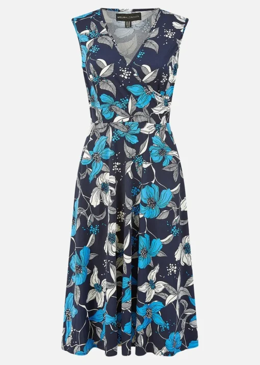 Mela Blue Floral Print Stretch Wrap Over Midi Dress With Pockets