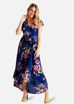 Mela Blue Floral Wrap Over Dipped Hem Midi Dress