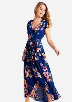 Mela Blue Floral Wrap Over Dipped Hem Midi Dress