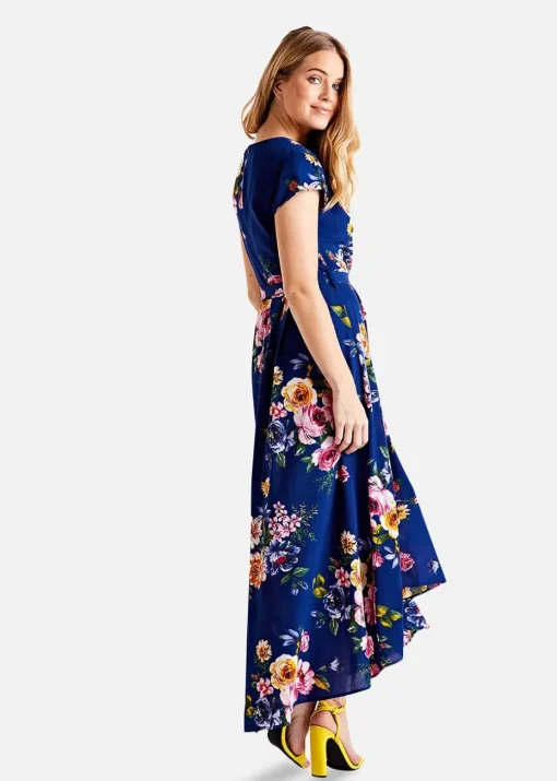 Mela Blue Floral Wrap Over Dipped Hem Midi Dress