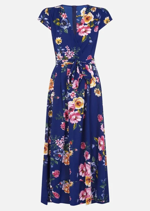 Mela Blue Floral Wrap Over Dipped Hem Midi Dress