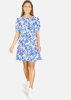 Mela Blue Leaf Print Tunic Skater Dress