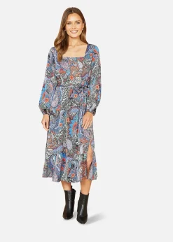 Mela Blue Paisley Print Long Sleeve Midi Dress