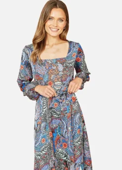 Mela Blue Paisley Print Long Sleeve Midi Dress