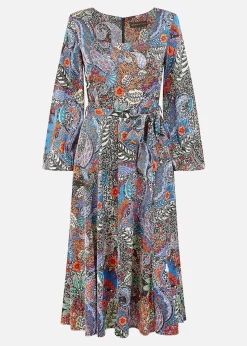 Mela Blue Paisley Print Long Sleeve Midi Dress