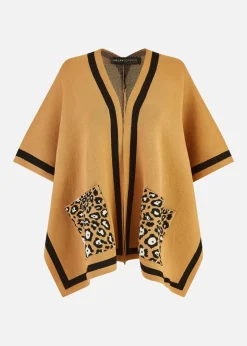Mela Camel Leopard Print Pocket Knitted Cape