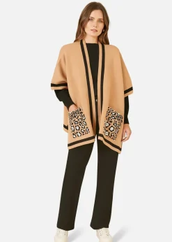Mela Camel Leopard Print Pocket Knitted Cape