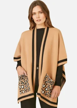 Mela Camel Leopard Print Pocket Knitted Cape