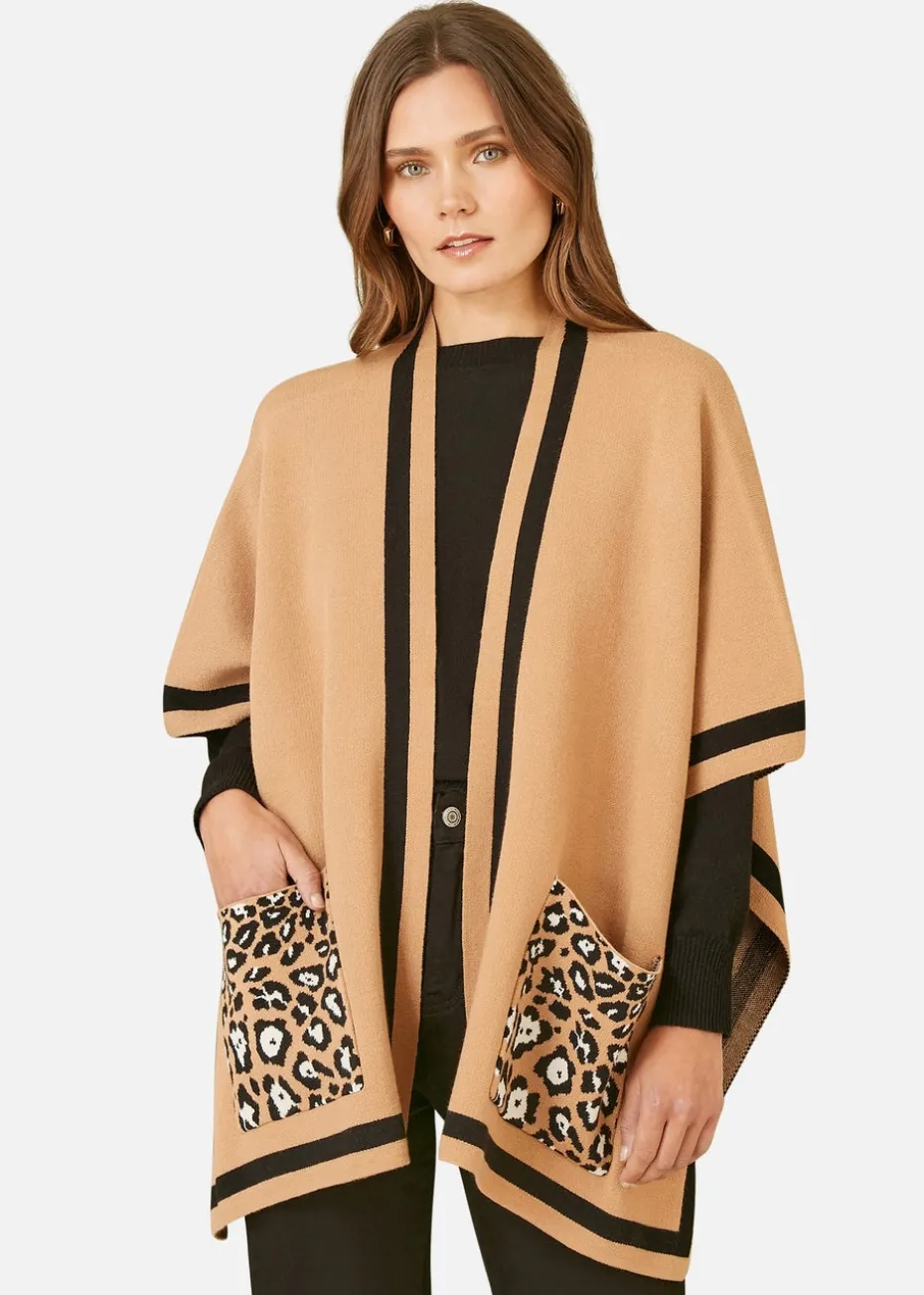 Mela Camel Leopard Print Pocket Knitted Cape