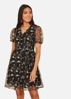 Mela Embroidery Mesh Skater Dress In Black