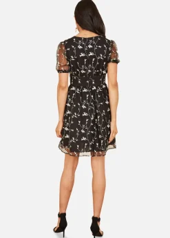 Mela Embroidery Mesh Skater Dress In Black