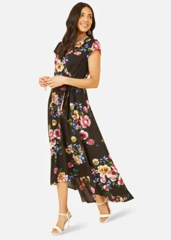 Mela Floral Wrap Over Dipped Hem Midi Dress In Black