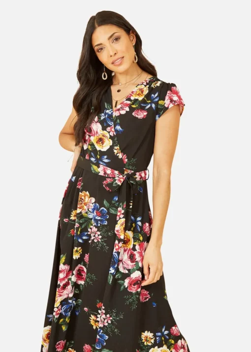 Mela Floral Wrap Over Dipped Hem Midi Dress In Black